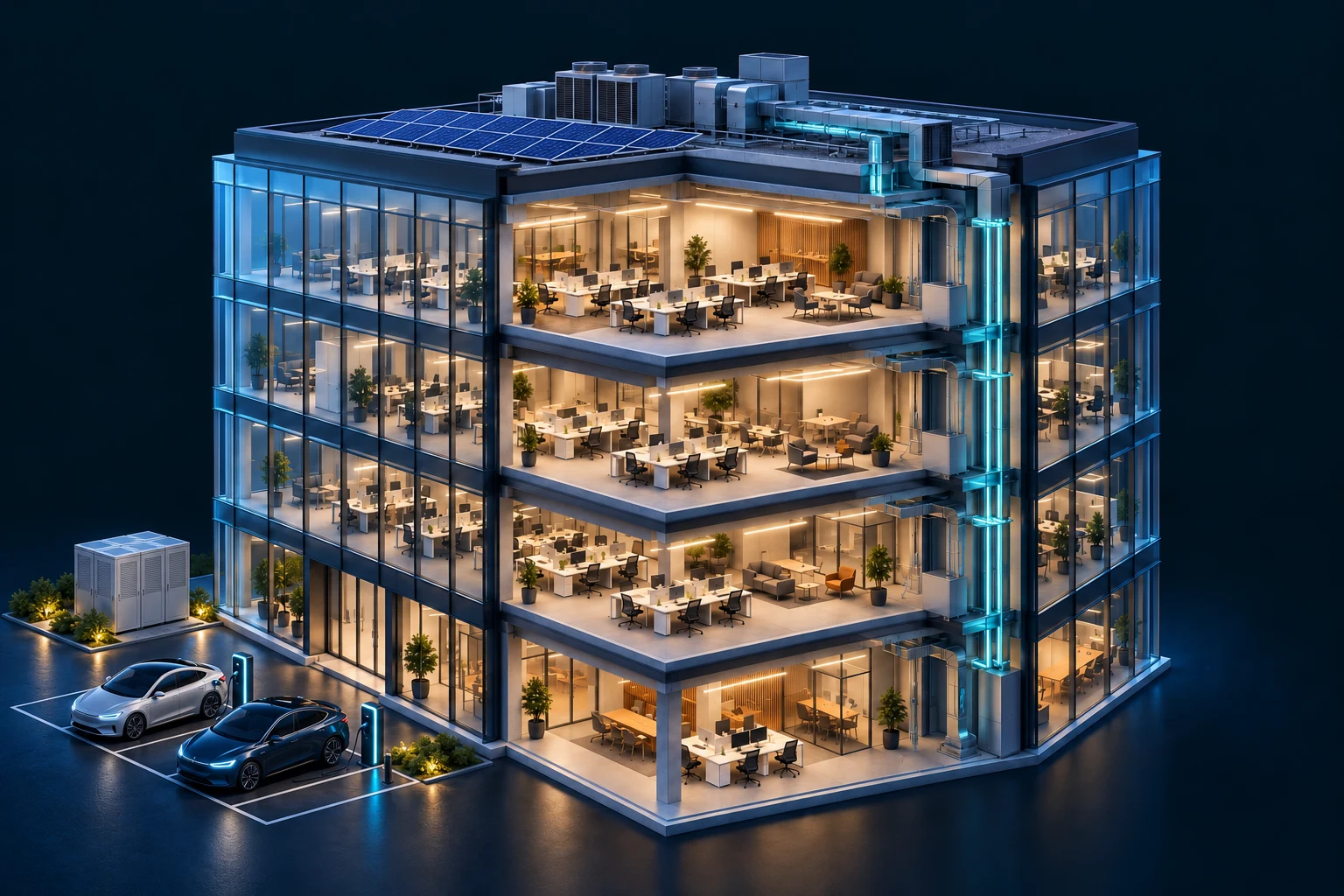 Conceptual connected office cutaway with rooftop solar panels, battery storage and two electric cars at charging posts